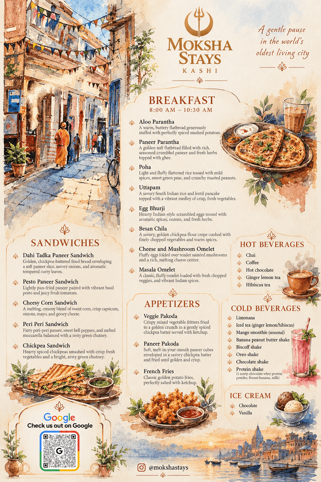 Watercolour illustrated Moksha Stays Kashi menu, inspired by the lanes and ghats of Varanasi