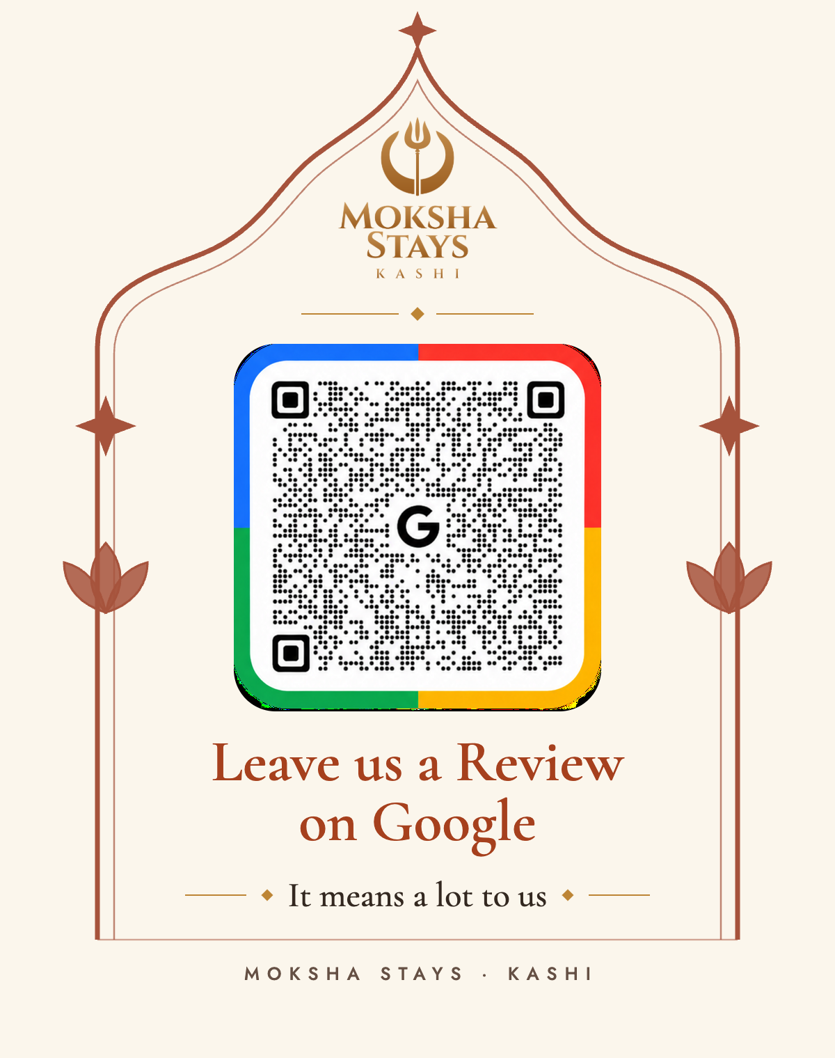 Moksha Stays Kashi Google review card: scan the QR code to leave us a review on Google